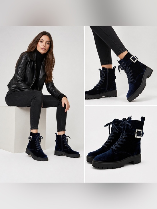 Stuart Weitzman Shoes - Stuart Weitzman June Velvet Combat Boots Navy Blue Chunky Lug Sole Buckle